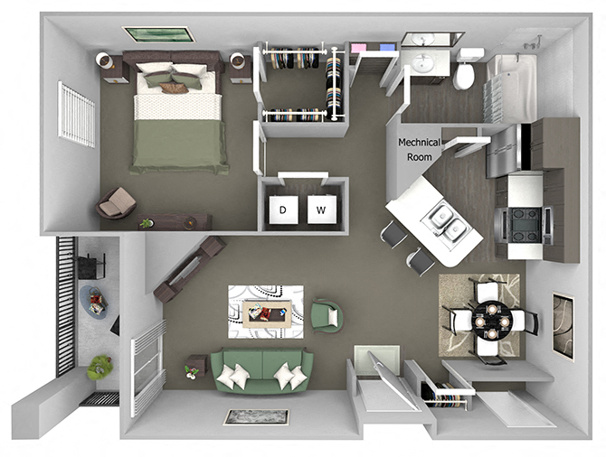 Floor plan for 1 bed, 1 bath, 777 sqft
